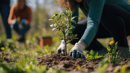 Fototapeta premium A close-up of a young tree being nurtured in a restored ecological habitat, with emphasis on growth and recovery