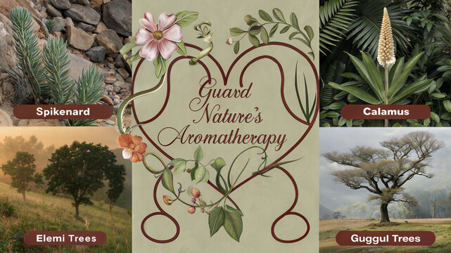 Nature&rsquo;s Aromatherapy Guide with Spikenard, Calamus, Elemi, and Guggul Trees, botanical collage