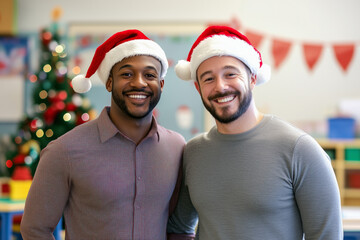 Fototapeta premium interracial male teachers wearing Santa Claus hats in elementary classroom with Christmas decorations professional photography soft shadows and sharp focus