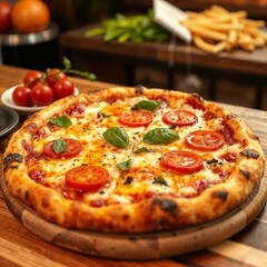 Delicious pizza with fresh tomatoes and basil, served on a wooden table