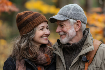 Fototapeta premium Smiling Couple In Love In Autumn Forest
