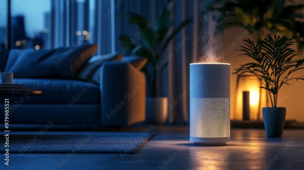 Poster a sleek air purifier releases a gentle mist in a stylish living room illuminated by soft lighting. c