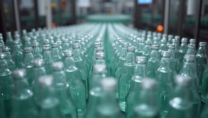 Obraz premium Automated production line with glass bottles on conveyor belt