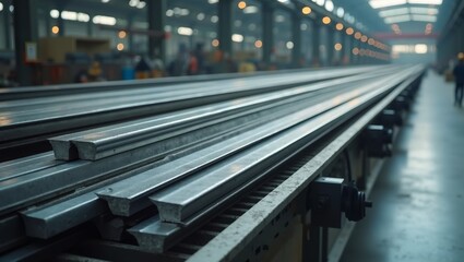 Polished steel beams on conveyor belt in industrial setting