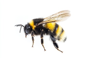 Wild American bumblebee - Bombus pensylvanicus - flying mid air with wings extended. Isolated on white background side profile view.generative ai