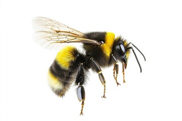 Wild American bumblebee - Bombus pensylvanicus - flying mid air with wings extended. Isolated on white background side profile view.generative ai