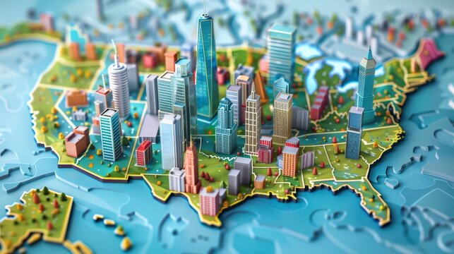 Concert hubs across America: photorealistic map showcasing famous venues and diverse music culture