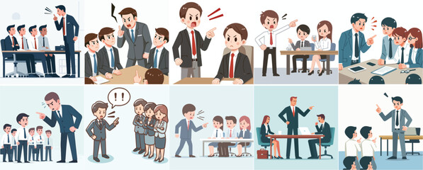 vector set of business people scolding employees in a simple and minimalist flat design style. white background