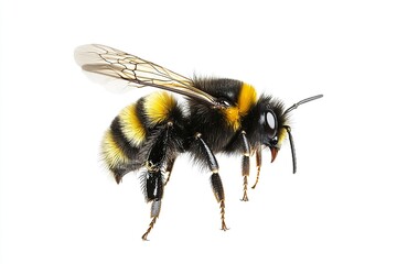 Wild American bumblebee - Bombus pensylvanicus - flying mid air with wings extended. Isolated on white background side profile view.generative ai