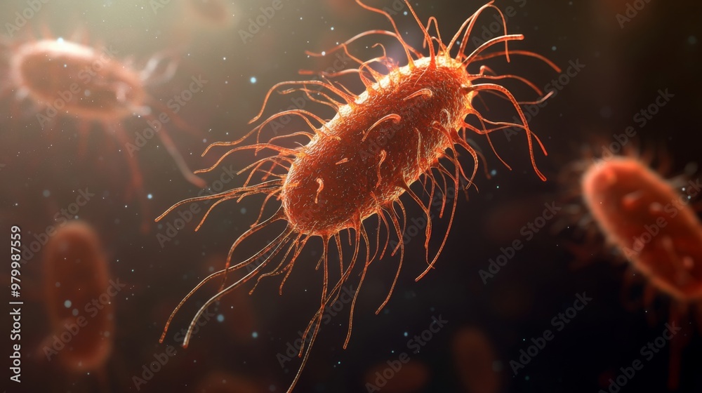 Fototapete a microscopic image of a bacteria with many flagella, thin appendages used for movement, extending f