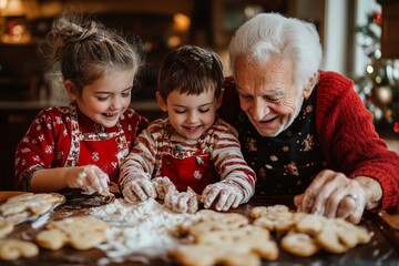 A joyful moment captured during the holiday season as a grandfather and his two granddaughters bake cookies together. 