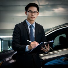 A young Asian man who is a car dealer appraiser and salesman assessing a car