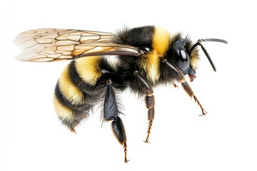 Wild American bumblebee - Bombus pensylvanicus - flying mid air with wings extended. Isolated on white background side profile view.generative ai