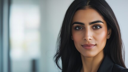 Fototapeta premium Confident young businesswoman in modern office, exuding success and ambition, smiling and stylish, symbolizing professionalism and achievement