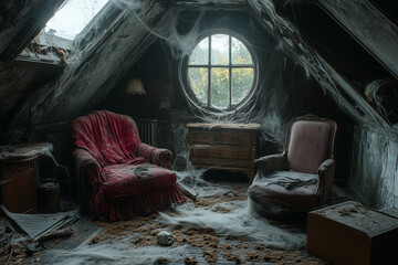 Old abandoned building. A spooky attic filled with cobwebs, old furniture, and ghosts