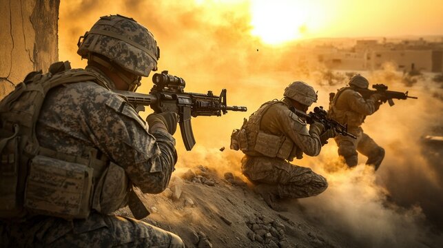 Troops strategically position themselves while employing advanced weaponry amidst clouded dust and a fiery sunset in a conflict zone. The atmosphere is tense as they prepare for action
