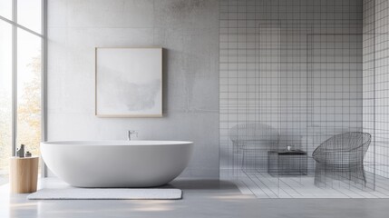 Modern spacious bathroom design blending realism with 3D grid transformation for an artistic touch