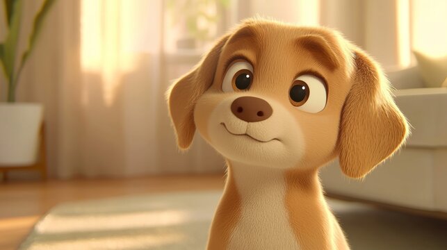 Adorable cgi puppy dog looking up with big, innocent eyes in a home interior setting. This cute pet is sure to melt your heart