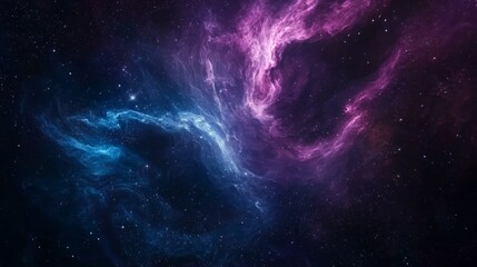 Fototapeta premium Captivating image of vibrant purple and blue nebula swirling in deep space with bright stars twinkling. Evokes wonder and exploration, ideal for space enthusiasts