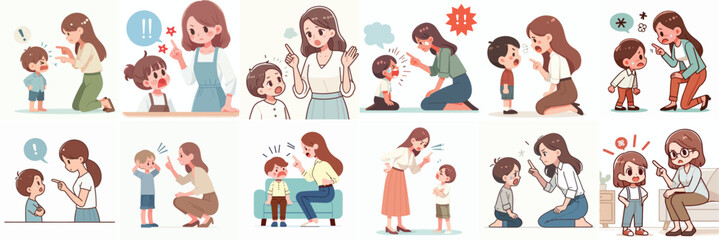 vector set of mother scolding her child in flat design style, simple and minimalist white background