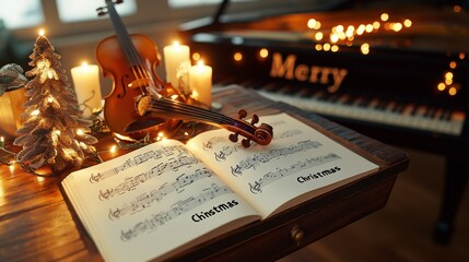 A cozy Christmas musical scene featuring a glowing musical score shaped like a tree beside a grand piano and festive instruments by candlelight
