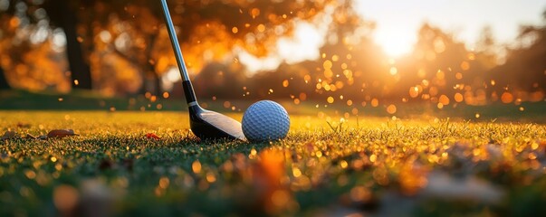 Golf ball and club on a golf course in the late afternoon sunlight.