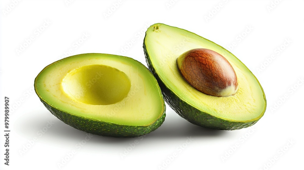 Wall mural avocado cut in two with almond placed at its core on white backdrop