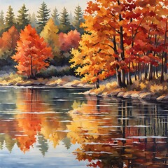 poster of a forest lake with trees in the background in autumn