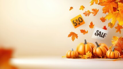 A vibrant Thanksgiving sale banner with colorful autumn leaves, pumpkins, and bold discount percentages floating around.