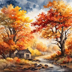 a painting of a cabin in the woods in autumn