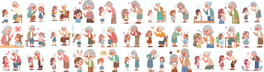 vector set of grandmother scolding her grandson in flat design style, simple and minimalist white background