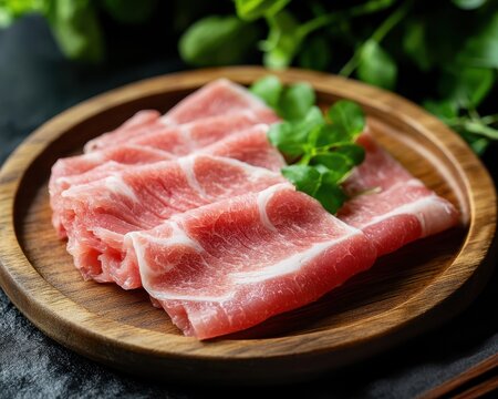 Raw pork shoulder for shabu shabu served on wooden plate