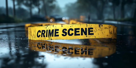 Crime Scene Tape on Wet Street at Night