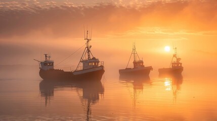 Tranquil sunrise over calm waters with fishing boats silhouetted against golden hues of morning light.