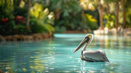 A serene pelican gliding through clear turquoise water in a lush, tropical paradise surrounded by vibrant greenery and colorful flowers.