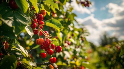 Vibrant Red Cherries in Sunny Orchard with Lush Green Leaves Surrounding Them