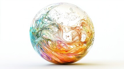   A multicolored egg sits atop a white table, surrounded by an orange, yellow, and blue objects