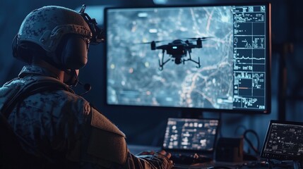 A soldier is focused on a multi-screen setup, controlling a drone amidst digital maps and data, enhancing situational awareness during a nighttime military mission