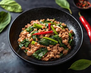Fototapeta premium Spicy minced pork with basil pickled bamboo and bird s eye chilli Thailand street food simple yet delicious