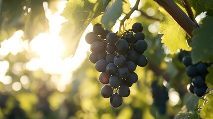   Grapes dangle on a vine, sunlight filtering through leafy trees