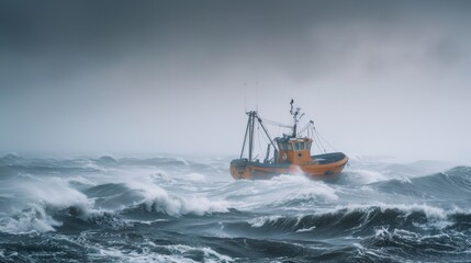 A small fishing boat struggles in stormy waves under a dark sky. The scene captures the power of nature and resilience of fishermen.