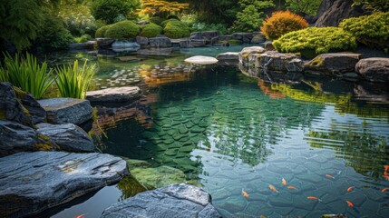 Tranquil Garden Pond Surrounded by Lush Greenery and Colorful Rocks