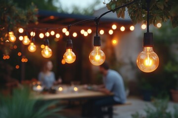 A cozy evening ambiance captured in an outdoor patio setting, featuring vintage-style Edison bulb string lights glowing warmly.