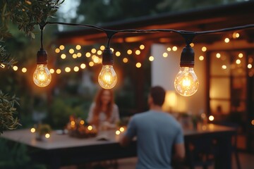 A cozy evening ambiance captured in an outdoor patio setting, featuring vintage-style Edison bulb string lights glowing warmly.