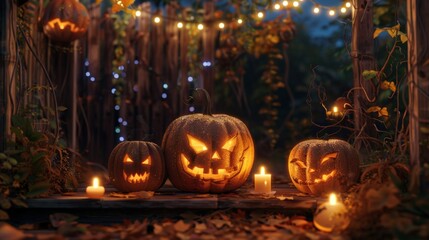 Charming Halloween Night Scene with Glowing Jack-O-Lanterns and Fairy Lights