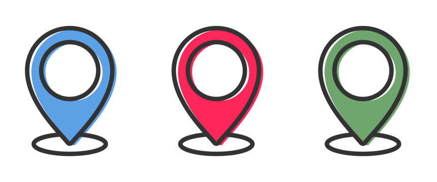 Pin icon set. Map pointers sign set. Location map icon. Specific geographic location with circular indicator. Map pointer GPS location. Editable stroke. Vector illustration