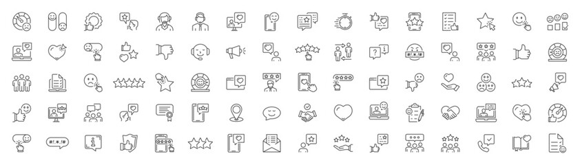 User feedback icon set. Feedback icons for web and mobile app. Containing feedback, like, customer review, review, satisfaction, good feedback, rate and more. Vector outline icons set. Editable stroke