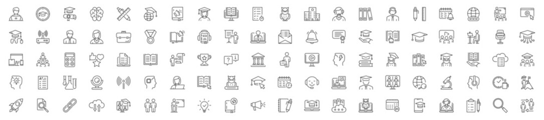 E-learning, online education icons set. Distance learning icons collection. Contains such icons as e-learning, video lesson, e-book, training and webinar for web and mobile app. Editable stroke.
