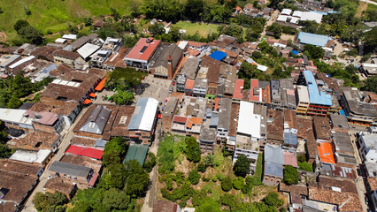 Maceo, Antioquia - Colombia. September 15, 2024. Panoramic view with drone, Municipality located...