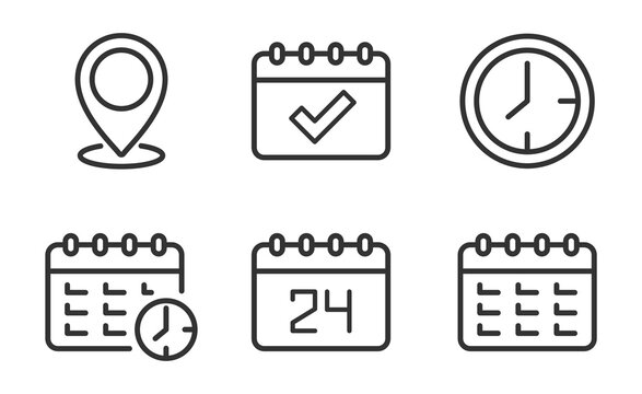 Calendars thin line icon set. Containing date, schedule, month, week, appointment, agenda, organization and event icons. Editable stroke. Calendar outline symbol collection. Vector illustration